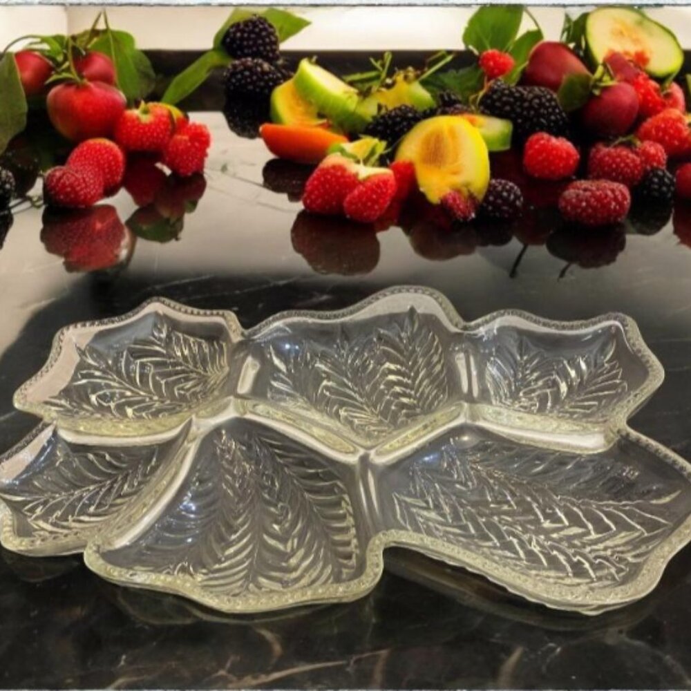 JEANETTE GLASS CO -- Feather Leaf Serving Plate, 6 Section Relish Tray, 1950's